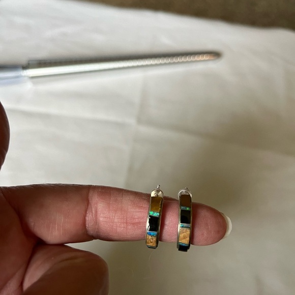 Native American Sterling Tiger Eye Opal Multi Stone Inlaid Half Cuff earrings OS - Picture 6 of 9